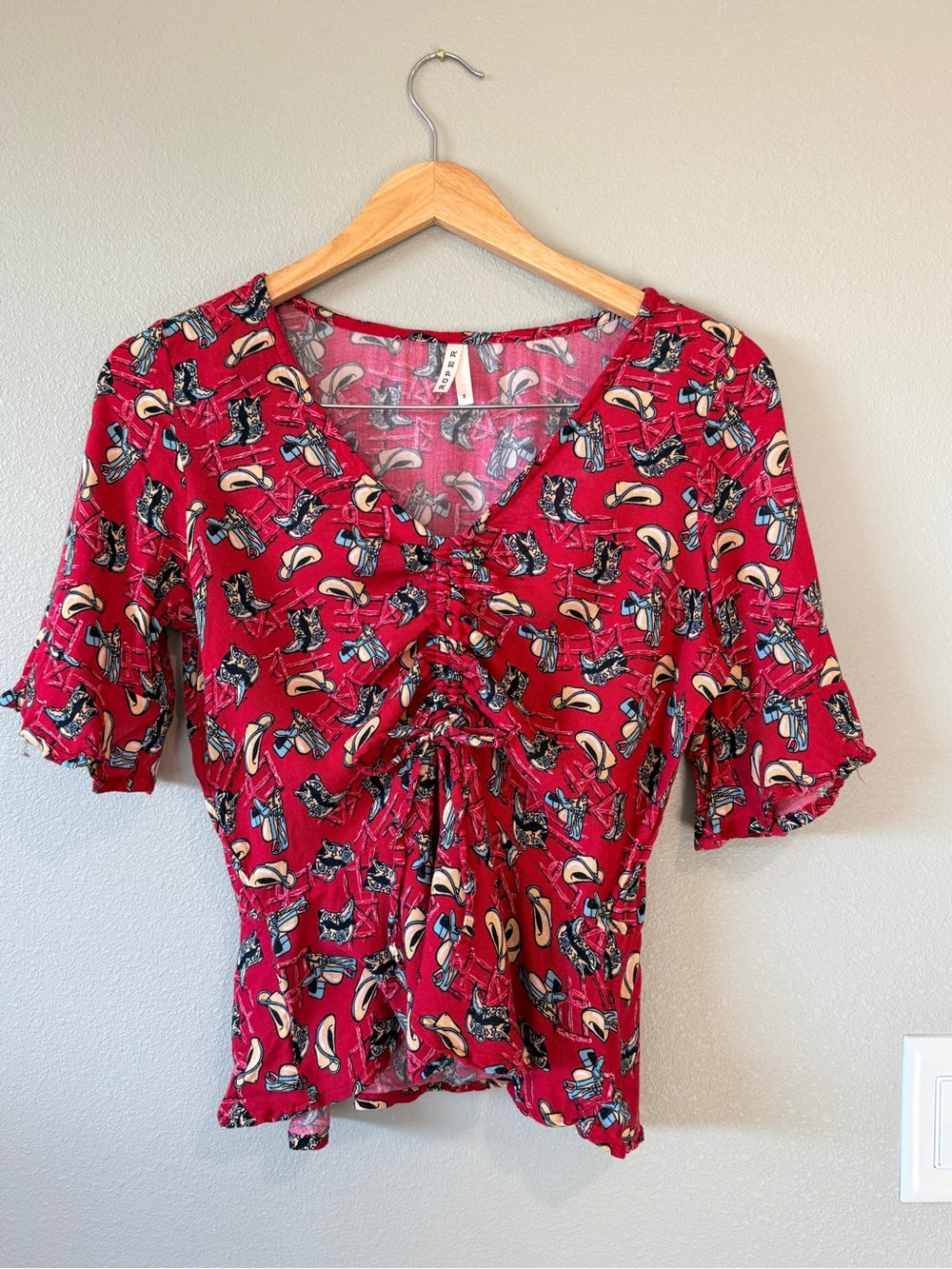 Roper Red Western Cowgirl Print Peplum Top Blouse Cinch Front Short Sleeve S